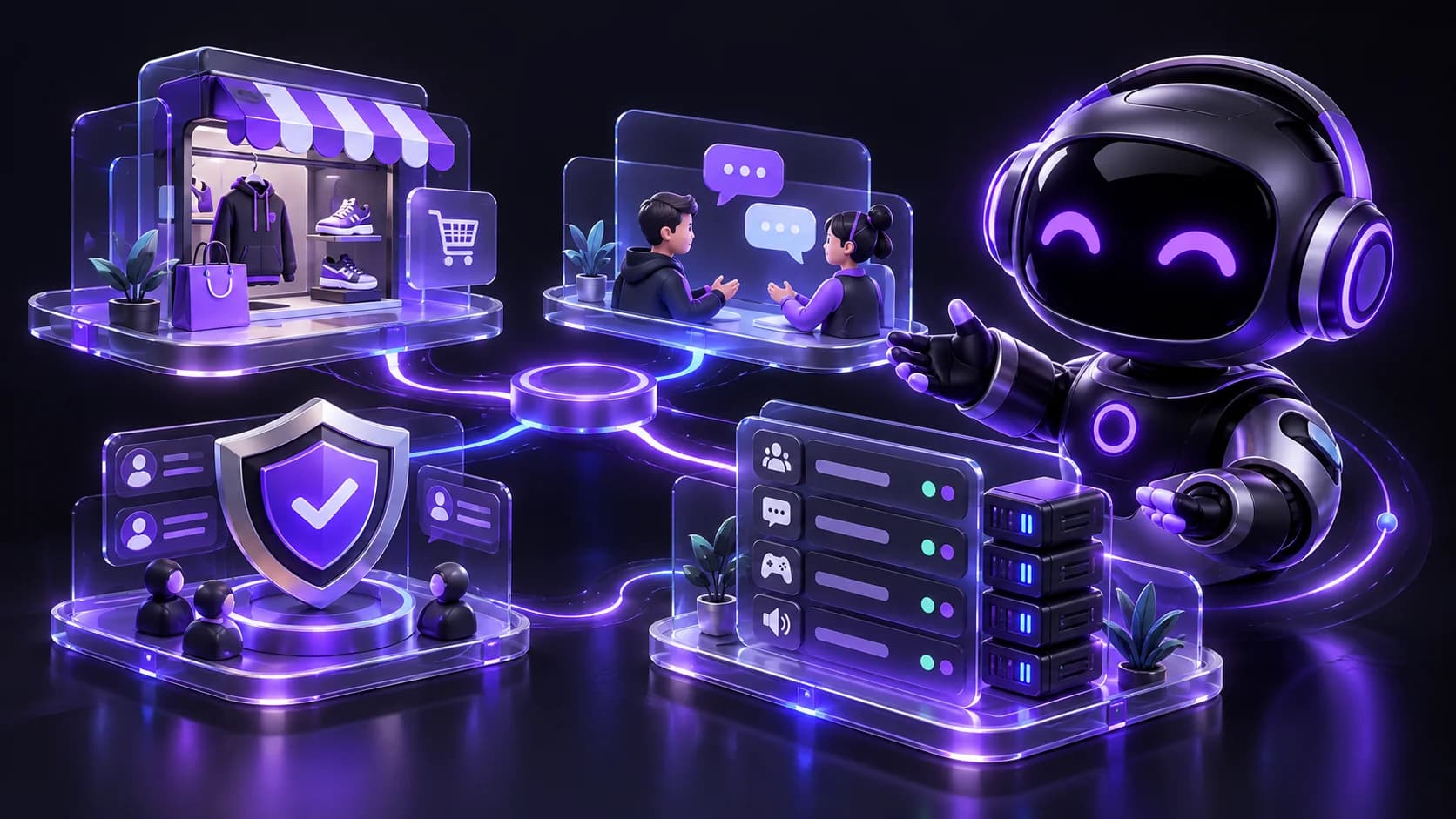 Robô AnexBot conectado a uma loja, atendimento, moderação e organização de servidores