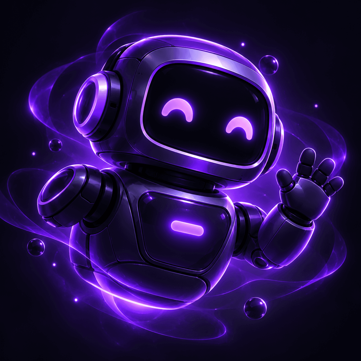 Robô simpático com fones e iluminação roxa